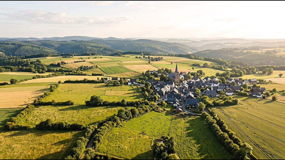 Loftopnam vun engem Eifeldall tëscht Felder an Hiwwelen