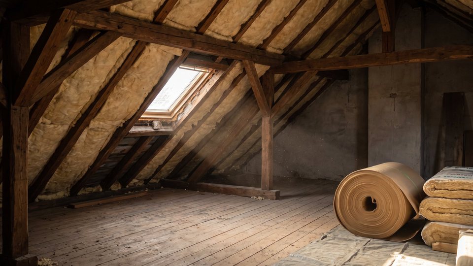 Ausgebauten Dachbuedem mat fräiléiendem Gebälk an Isoléierungsrullen