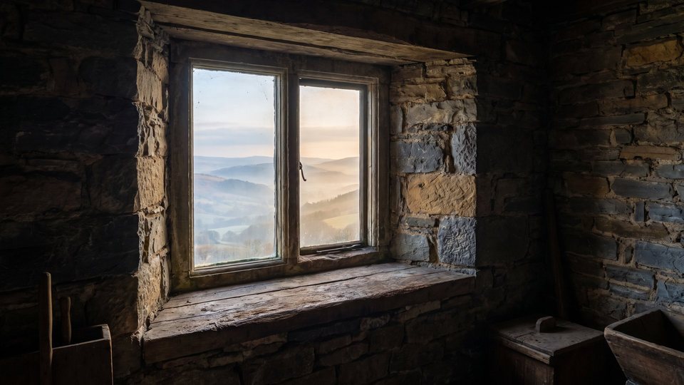 Bléck aus engem ale Haus iwwer d'Hiwwelen vun der Eifel — mat kënschtlecher Intelligenz erzeugt Bild