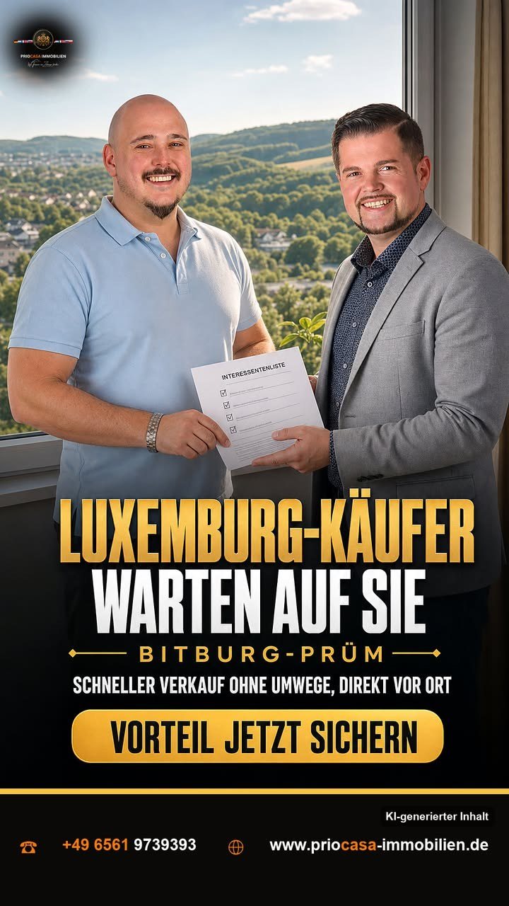 Facebook-Beitrag von PRIOCASA Immobilien vom 4. Oktober 2026: Luxemburg-Käufer warten auf Sie 🏡 📍BITBURG-PRÜM steht hoch im Kurs. Vor Ort warten…