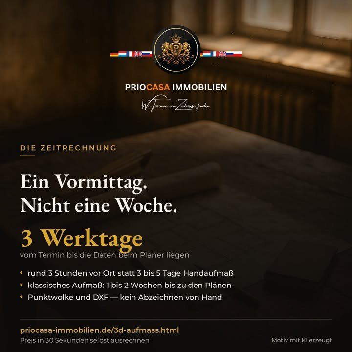 Facebook-Beitrag von PRIOCASA Immobilien vom 1. Oktober 2026: Zwei Tage mit dem Zollstock durchs Haus. Dann eine Woche warten. Es geht auch anders: Wir…