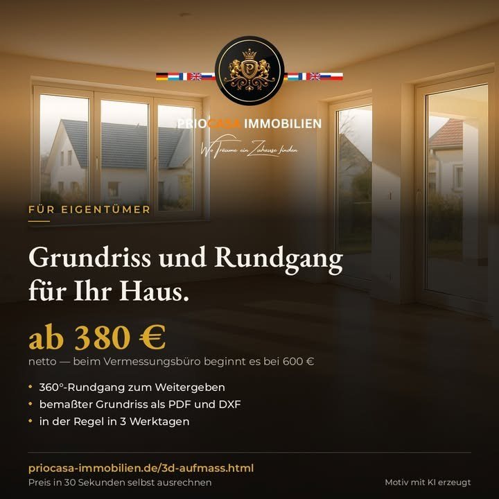 Facebook-Beitrag von PRIOCASA Immobilien vom 6. Oktober 2026: Ein Grundriss kostet beim Vermessungsbüro ab 600 €. Bei uns beginnt er bei 380 €. Der…
