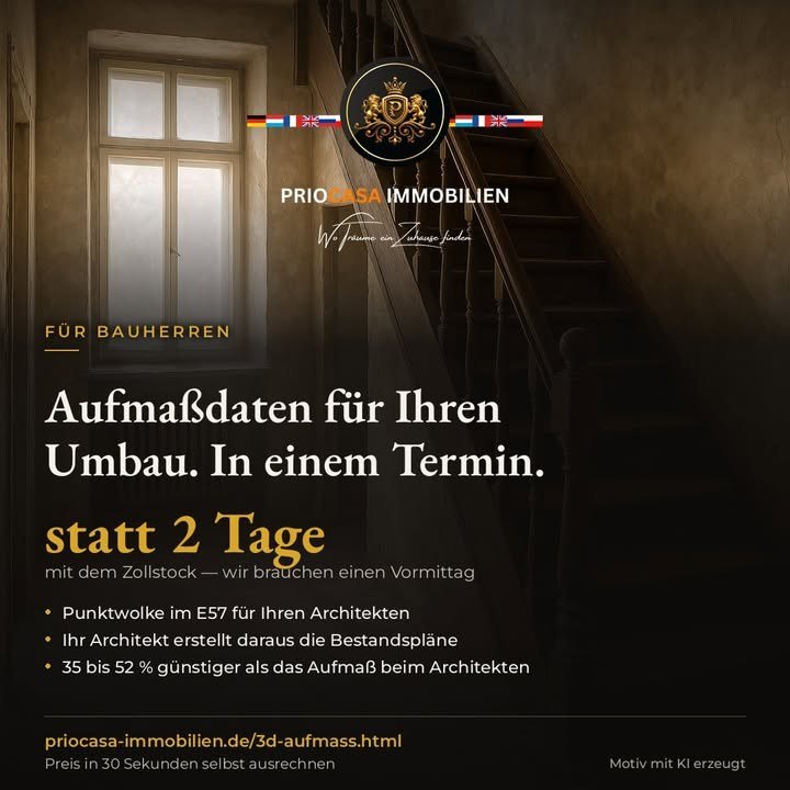 Facebook-Beitrag von PRIOCASA Immobilien vom 8. Oktober 2026: Vor jedem Umbau steht dieselbe Frage: Wie sieht das Haus eigentlich aus? Nicht ungefähr…