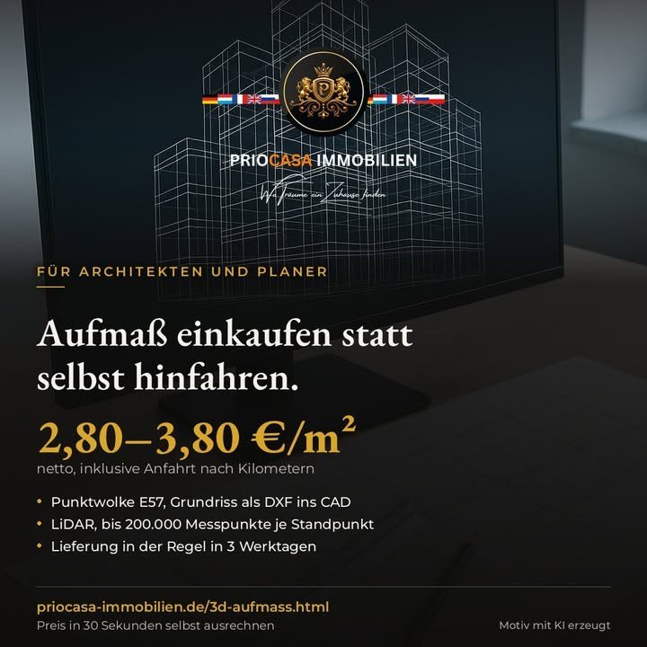 Facebook-Beitrag von PRIOCASA Immobilien vom 13. Oktober 2026: Ein Aufmaß selbst zu fahren kostet einen halben Tag plus Anfahrt plus Nachbearbeitung…