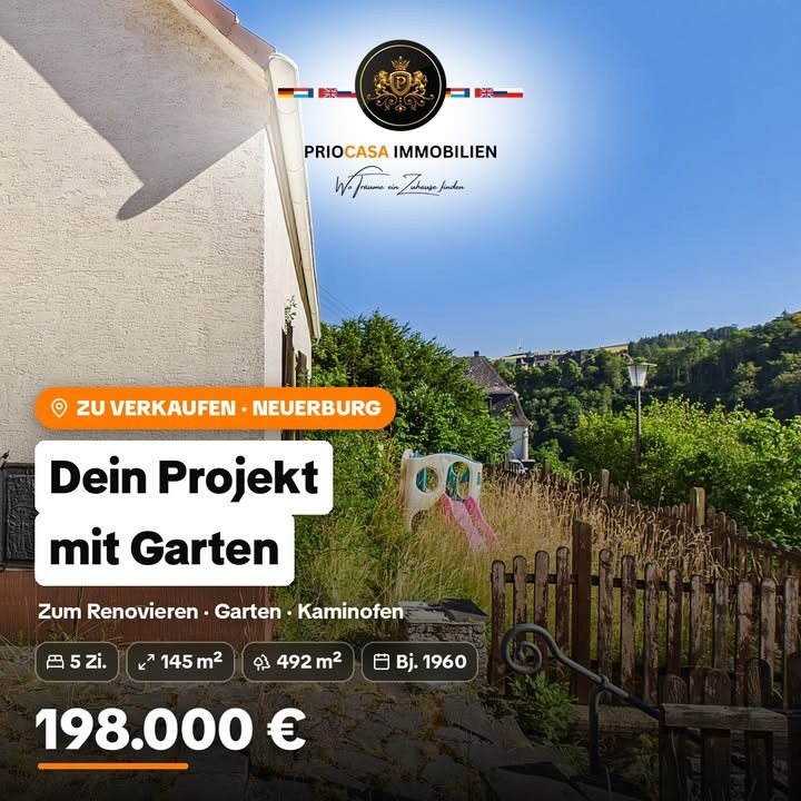 Facebook-Beitrag von PRIOCASA Immobilien vom 17. Oktober 2026: 🏡 Dein Projekt mit Garten – Einfamilienhaus in Neuerburg Renovierungsbedürftiges Haus für…