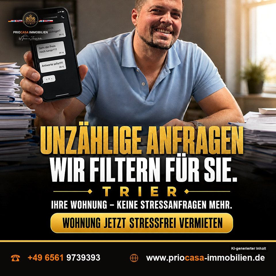 Instagram-Beitrag von PRIOCASA Immobilien vom 27. September 2026: Unzählige Anfragen? Wir sortieren, Sie lächeln. 😏 Wer eine Wohnung in 📍TRIER vermietet…