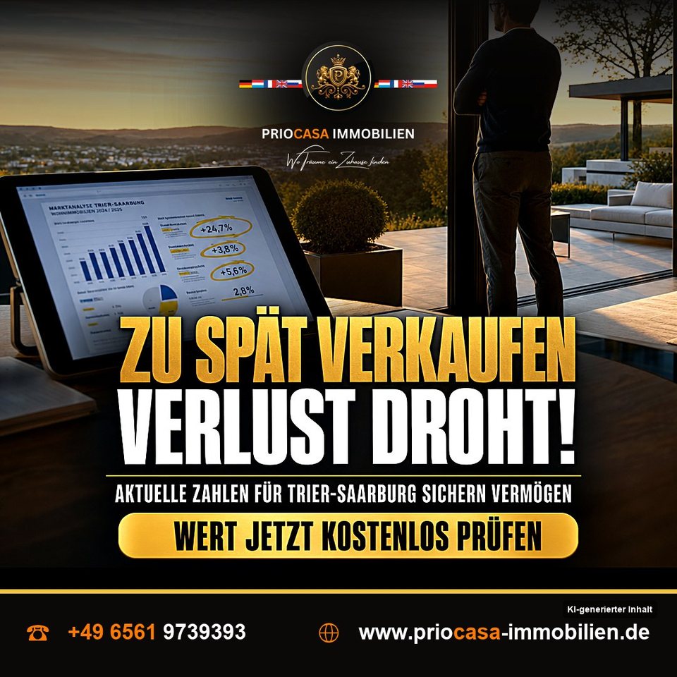 Instagram-Beitrag von PRIOCASA Immobilien vom 3. September 2026: Zu spät verkauft? Das wird teuer. 🏡 📍TRIER-SAARBURG bleibt spannend. 9 Objekte betreut…