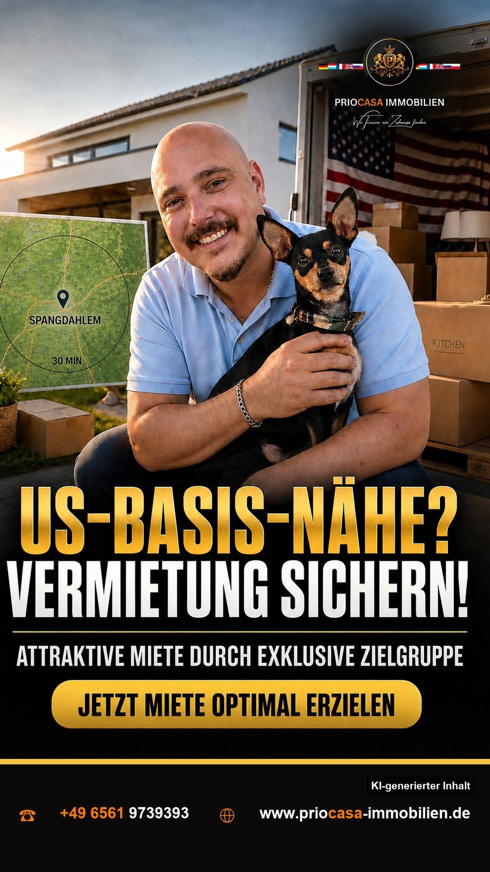 Instagram-Beitrag von PRIOCASA Immobilien vom 16. September 2026: US-Flagge im Vorgarten, Mietvertrag im Anmarsch 🏡 Wer rund um 📍SPANGDAHLEM eine Immobilie…
