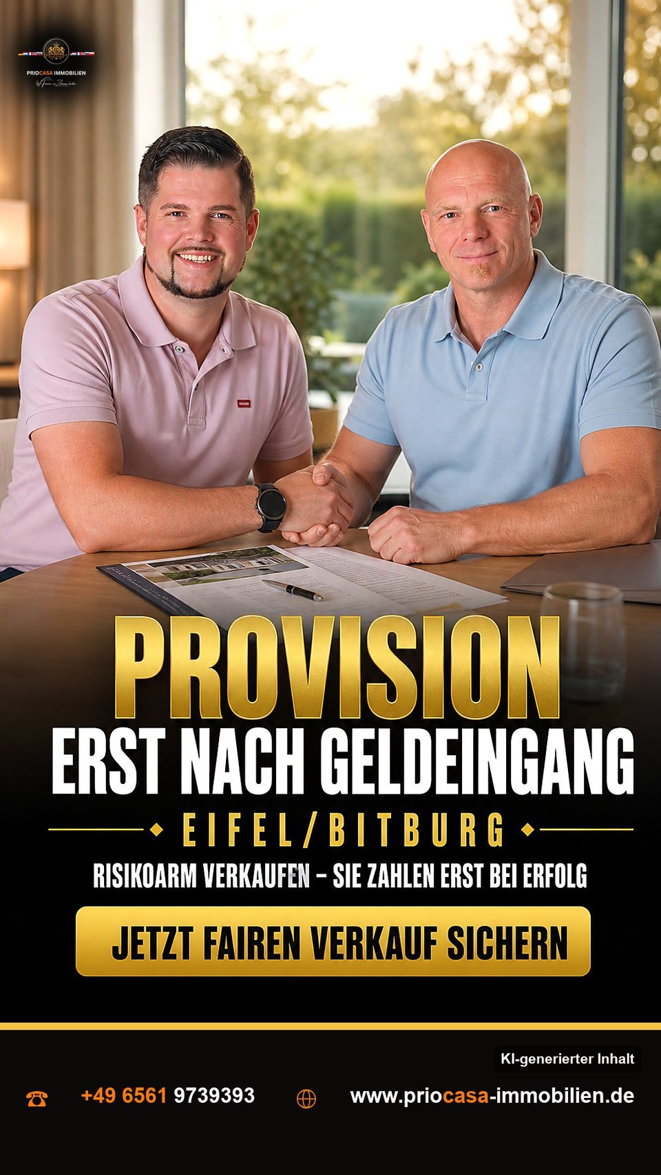 Instagram-Beitrag von PRIOCASA Immobilien vom 8. Oktober 2026: Provision erst nach Geldeingang 🏡 Wer verkauft, will klare Verhältnisse und kein…