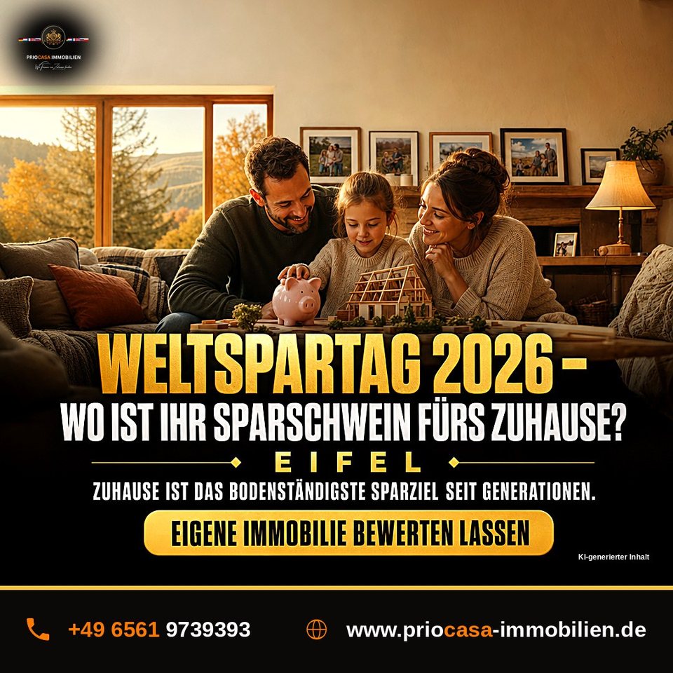 Instagram-Beitrag von PRIOCASA Immobilien vom 30. Oktober 2026: Haus oder Sparschwein – läuft Ihr Familienglück davon? 🏡 Heute ist Weltspartag. Schon mal…