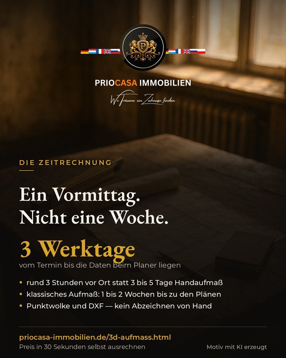Instagram-Beitrag von PRIOCASA Immobilien vom 1. Oktober 2026: 2 Tage mit dem Zollstock, dann eine Woche warten? Wir erfassen Ihr Gebäude an einem…