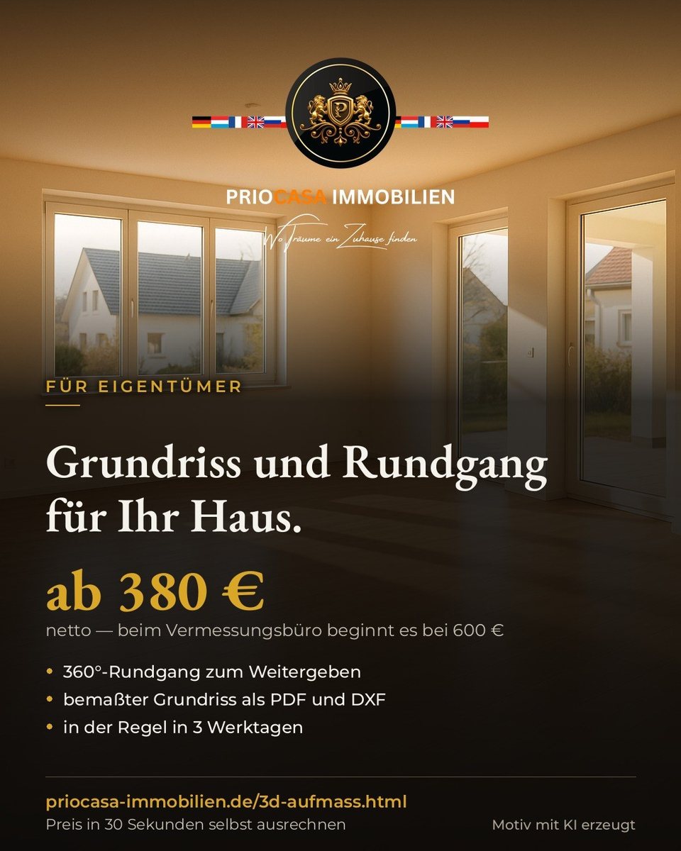 Instagram-Beitrag von PRIOCASA Immobilien vom 6. Oktober 2026: Grundriss ab 380 Euro. Beim Vermessungsbüro ab 600 Euro. Der Unterschied ist nicht die…