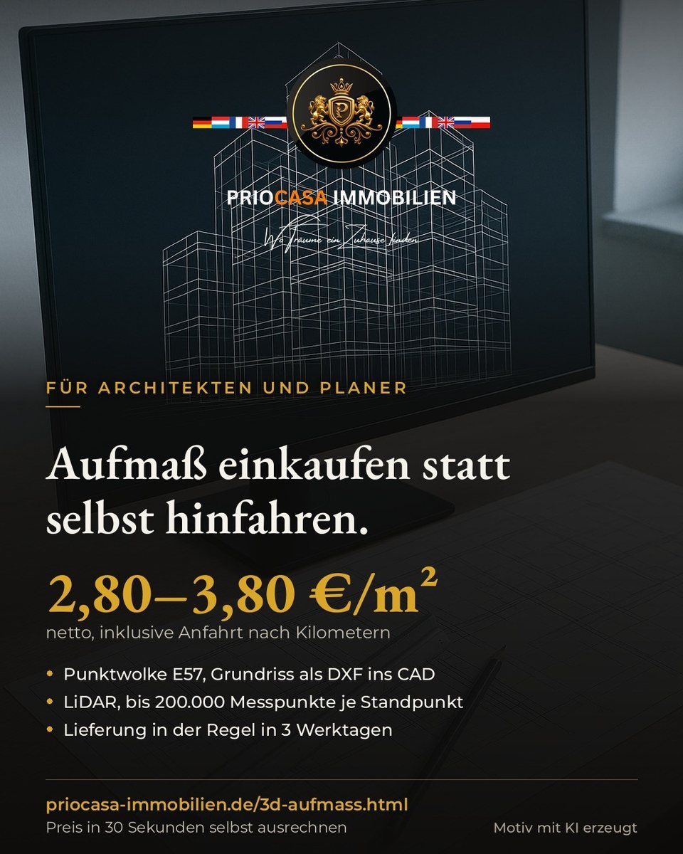 Instagram-Beitrag von PRIOCASA Immobilien vom 13. Oktober 2026: Ein Aufmaß selbst fahren kostet einen halben Tag. Oder Sie kaufen es ein: 2,80 bis 3,80…
