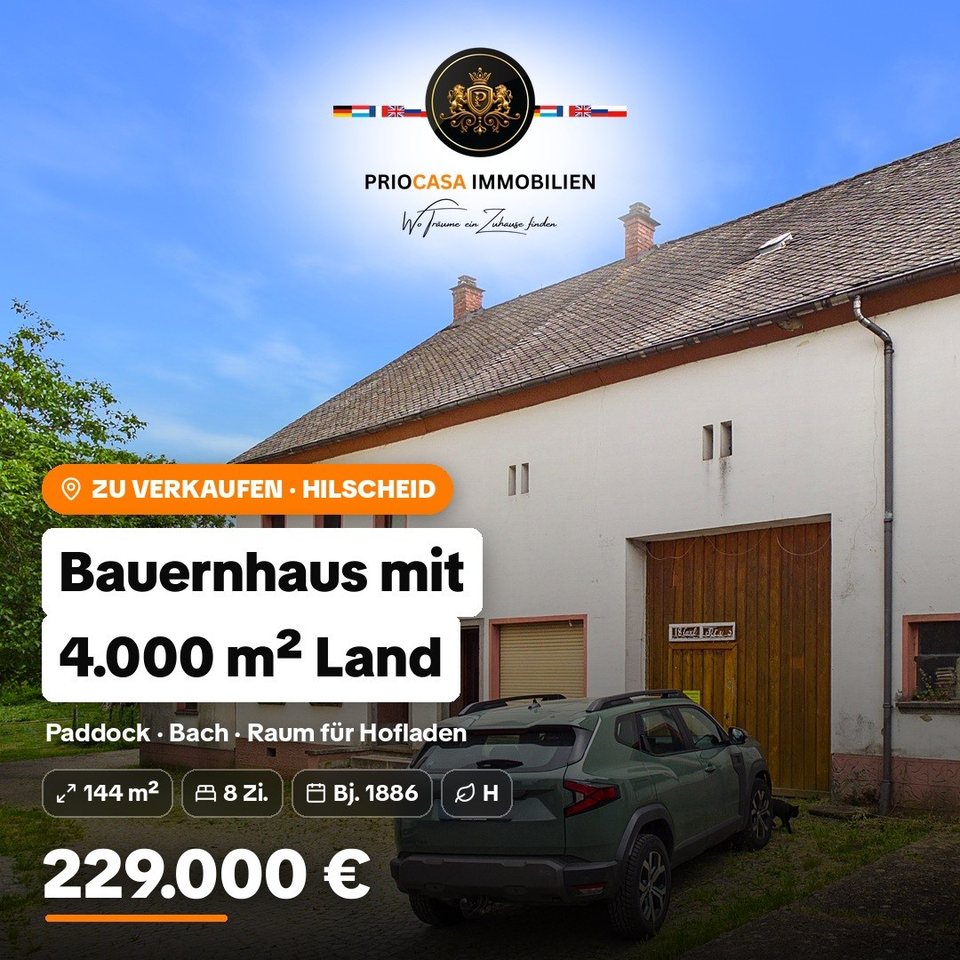 Instagram-Beitrag von PRIOCASA Immobilien vom 9. Oktober 2026: 🏡 Bauernhaus mit 4.000 m² Land – in Hilscheid im Hunsrück Platz für Pferde, Ziegen…