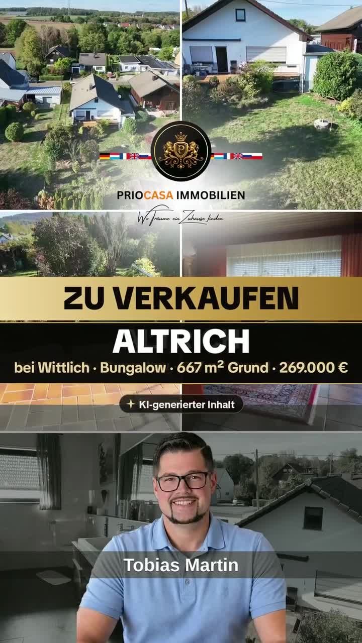 Instagram-Beitrag von PRIOCASA Immobilien vom 8. Oktober 2026: 🏡 Altrich bei Wittlich – Bungalow mit Garten 269.000 € für einen Bungalow, in dem man…