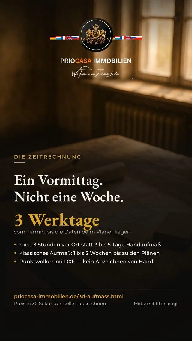 TikTok-Beitrag von PRIOCASA Immobilien vom 1. Oktober 2026: 2 Tage mit dem Zollstock? Muss nicht sein. Wir scannen Ihr Gebäude an einem Vormittag…