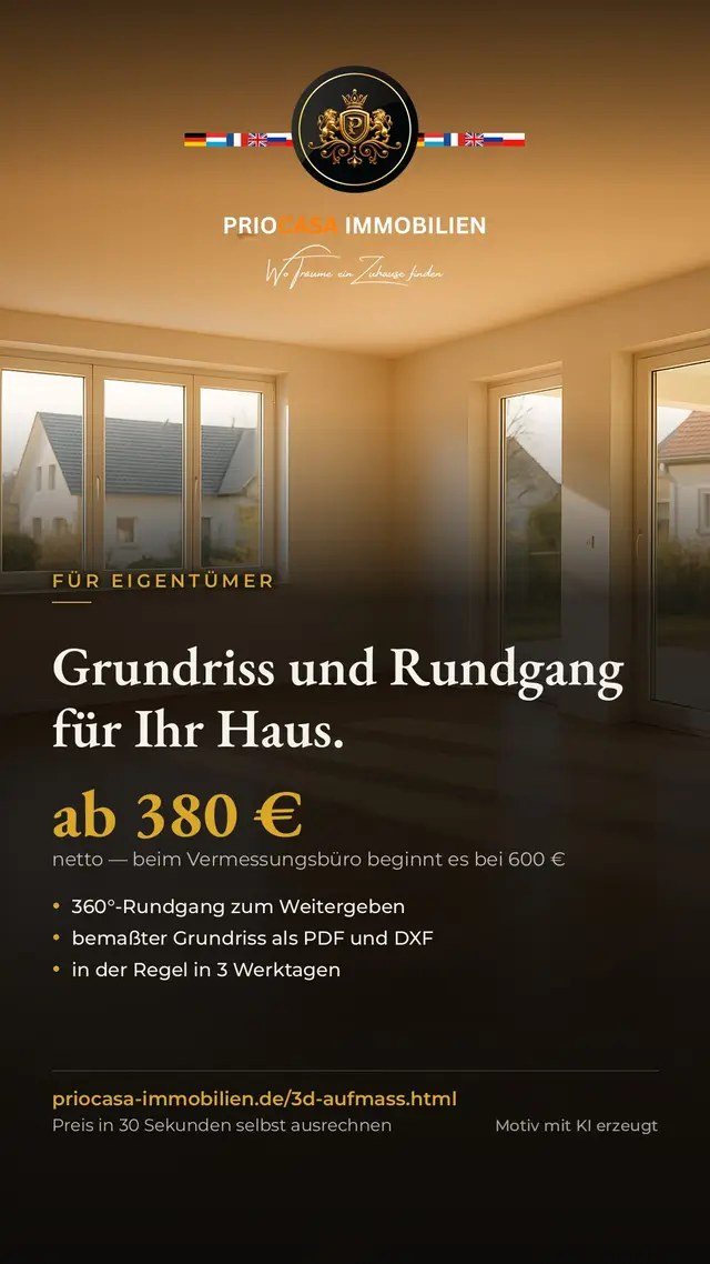 TikTok-Beitrag von PRIOCASA Immobilien vom 6. Oktober 2026: Beim Vermessungsbüro kostet ein Grundriss ab 600 Euro. Bei uns ab 380 Euro. Wir scannen…