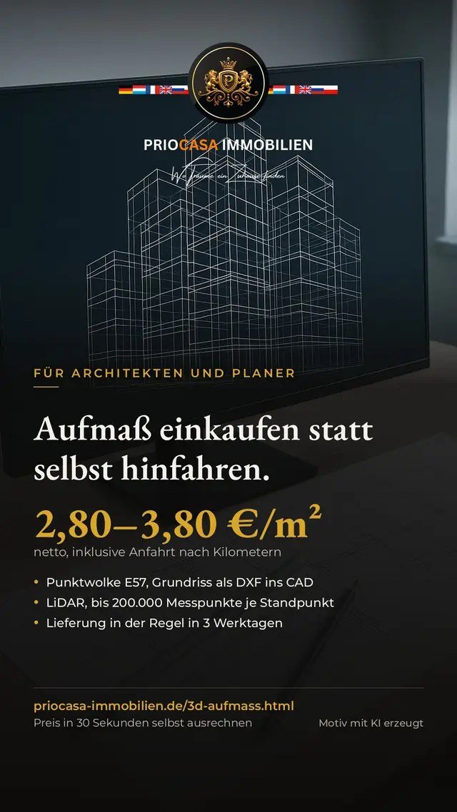 TikTok-Beitrag von PRIOCASA Immobilien vom 13. Oktober 2026: Aufmaß selbst fahren? Ein halber Tag ist weg. Oder Sie kaufen es ein: 2,80 bis 3,80 Euro…
