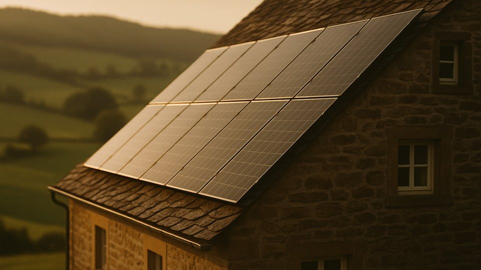 Solarmodullen um Schiferdaach vun engem Eifeler Brochstenghaus am Owesliicht